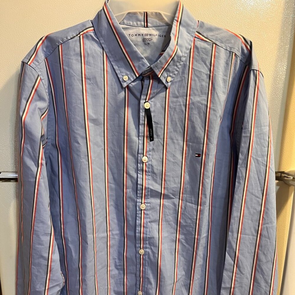 Tommy Hilfiger Long Sleeve Button Up Multicolored Stripes Blue Shirt Large